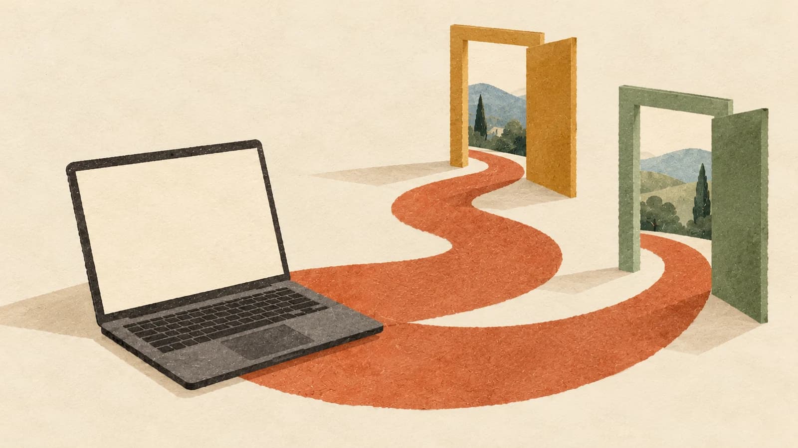 A charcoal laptop connected to ochre and sage doorways by a winding terracotta paper path.