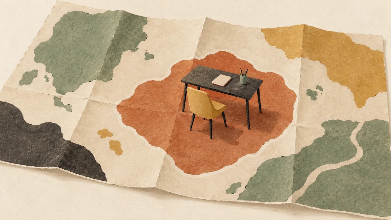A desk and ochre chair on a terracotta region of an unfolded paper map, illustrating a remote workspace with geographic boundaries.