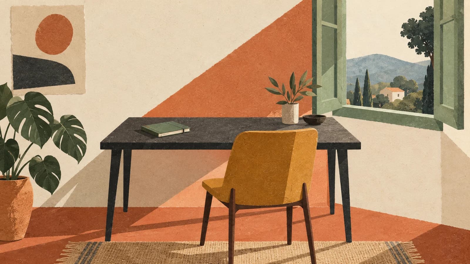 A quiet desk beside an open window, with sunlight falling across the workspace.